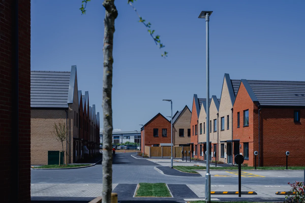 Image shows a street of new housing on a sunny day