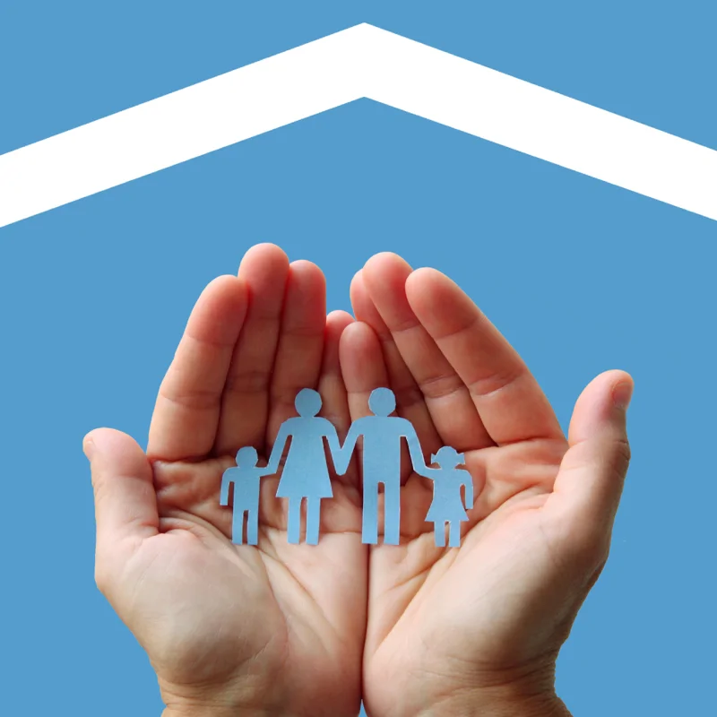 Graphic of a house with hands inside holding a family paperchain